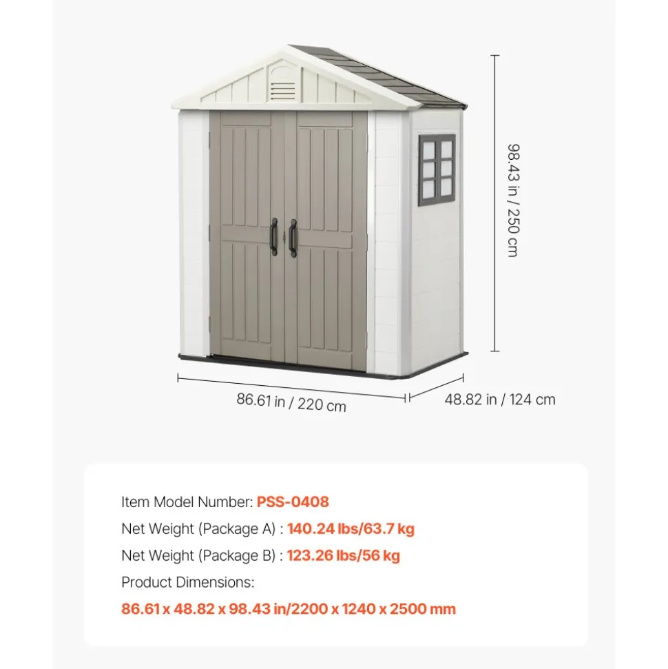 VEVOR Outdoor Storage Shed, 4x8 Ft, Heavy-Duty Resin Tool Shed, with Reinforced Floor, Skylight, Lockable Door, Weather Resistant, 152 Cu. Ft. for Garden Tools, Lawn Mower, Bike, Backyard, Patio, Grey