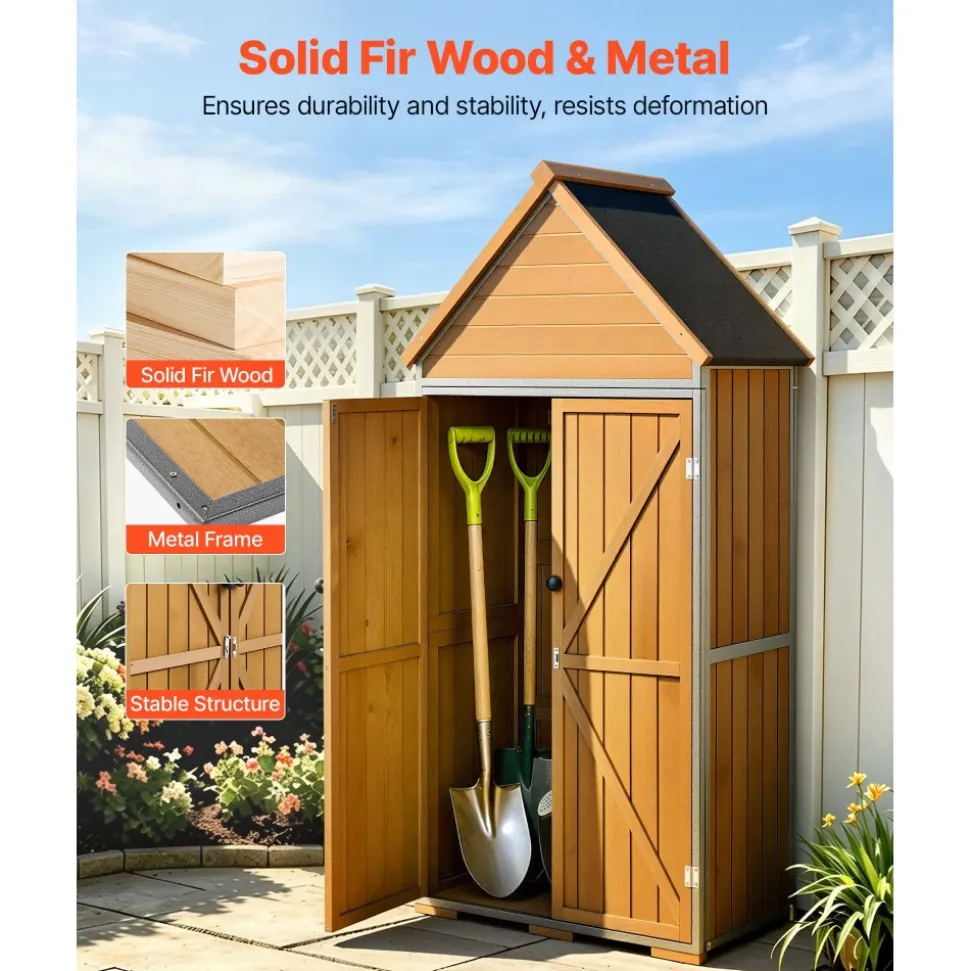 VEVOR Outdoor Storage Shed, 44.09" x 66.93" Wood & Metal Garden Tool Shed with Lockable Doors & Sloped Roof, Waterproof Outside Storage Cabinet with Shelves & Floor for Backyard Patio Lawn, Brown