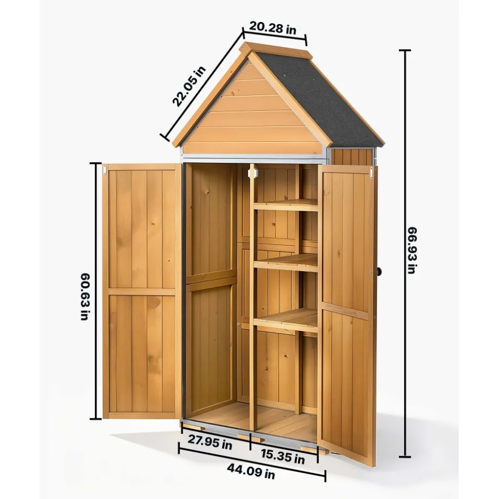 VEVOR Outdoor Storage Shed, 44.09" x 66.93" Wood & Metal Garden Tool Shed with Lockable Doors & Sloped Roof, Waterproof Outside Storage Cabinet with Shelves & Floor for Backyard Patio Lawn, Brown