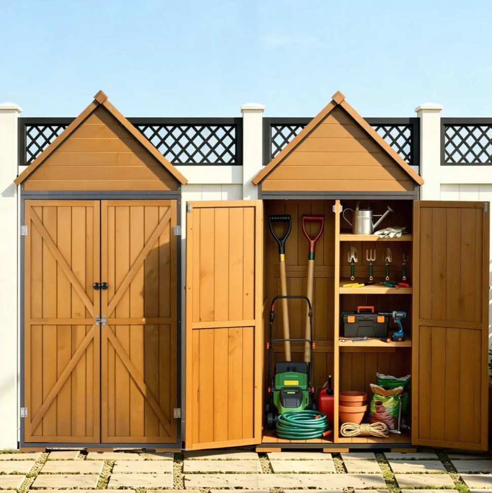 VEVOR Outdoor Storage Shed, 44.09" x 66.93" Wood & Metal Garden Tool Shed with Lockable Doors & Sloped Roof, Waterproof Outside Storage Cabinet with Shelves & Floor for Backyard Patio Lawn, Brown