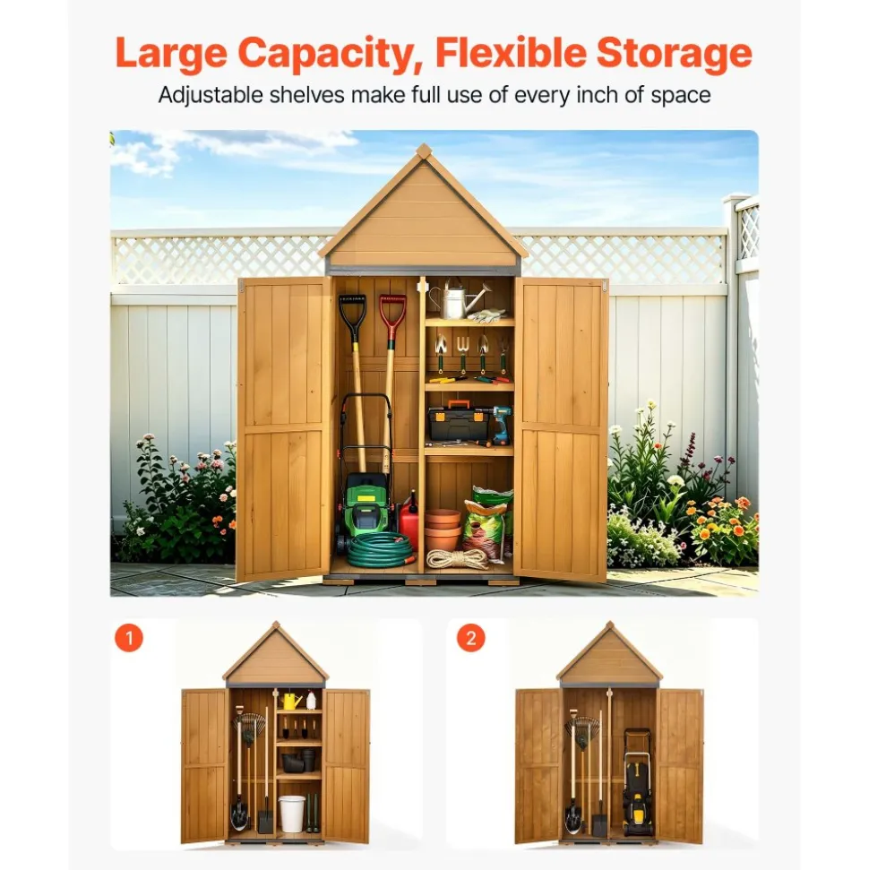 VEVOR Outdoor Storage Shed, 44.09" x 66.93" Wood & Metal Garden Tool Shed with Lockable Doors & Sloped Roof, Waterproof Outside Storage Cabinet with Shelves & Floor for Backyard Patio Lawn, Brown