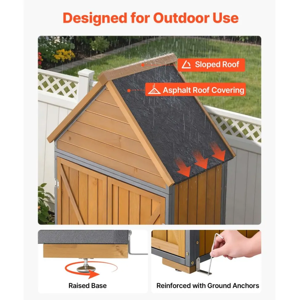 VEVOR Outdoor Storage Shed, 44.09" x 66.93" Wood & Metal Garden Tool Shed with Lockable Doors & Sloped Roof, Waterproof Outside Storage Cabinet with Shelves & Floor for Backyard Patio Lawn, Brown