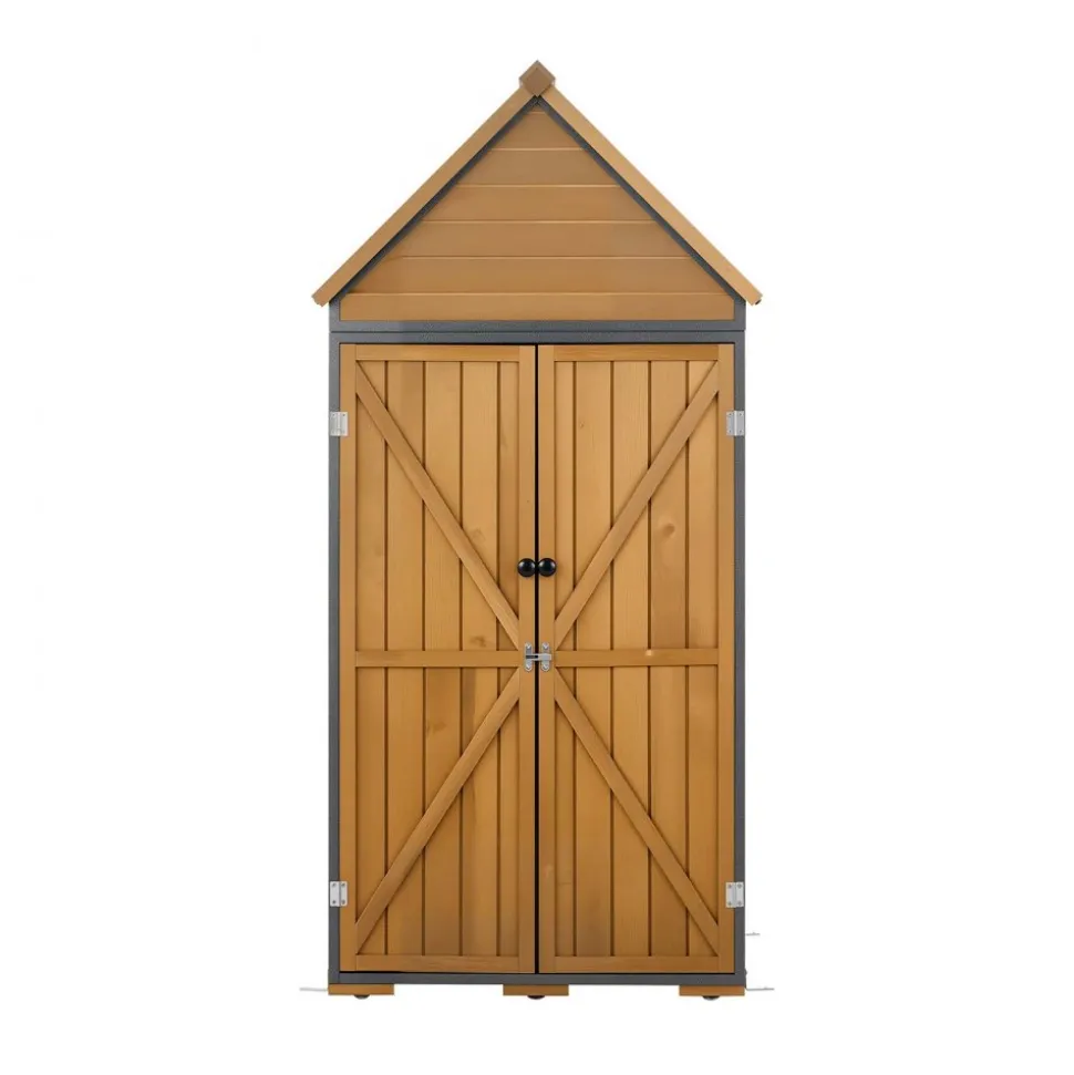 VEVOR Outdoor Storage Shed, 44.09" x 66.93" Wood & Metal Garden Tool Shed with Lockable Doors & Sloped Roof, Waterproof Outside Storage Cabinet with Shelves & Floor for Backyard Patio Lawn, Brown