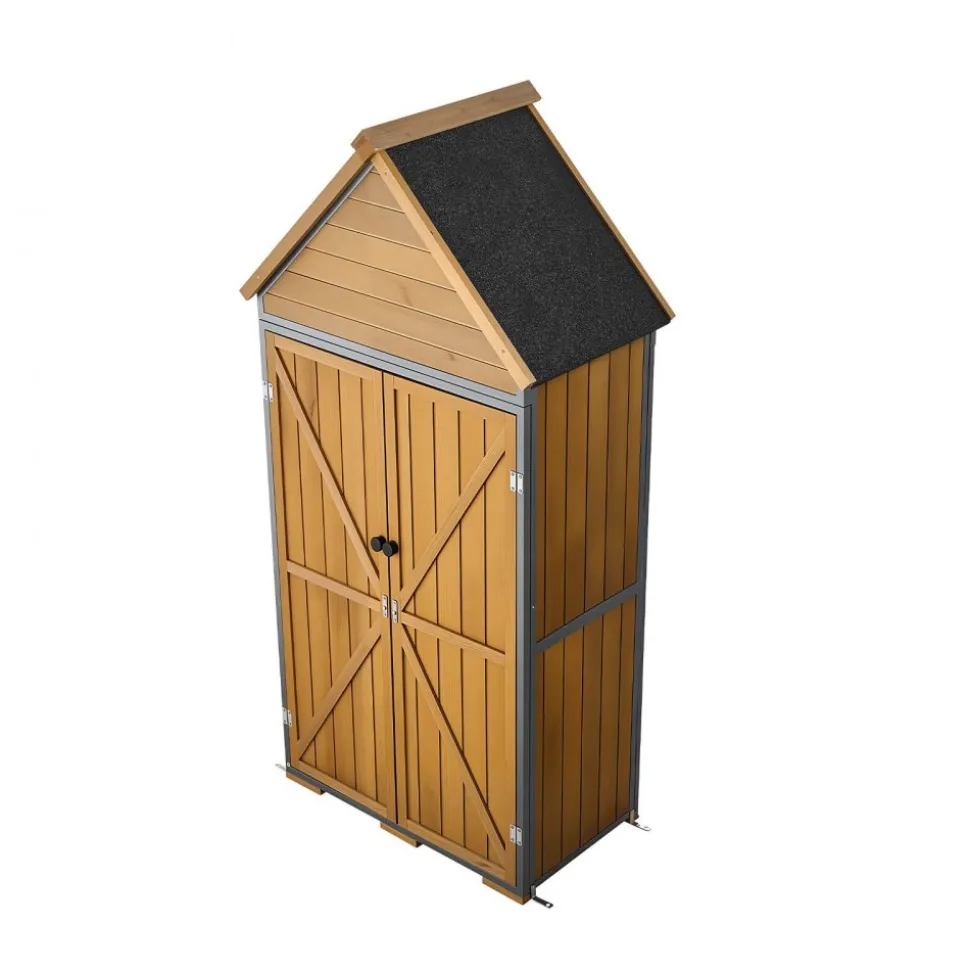 VEVOR Outdoor Storage Shed, 44.09" x 66.93" Wood & Metal Garden Tool Shed with Lockable Doors & Sloped Roof, Waterproof Outside Storage Cabinet with Shelves & Floor for Backyard Patio Lawn, Brown