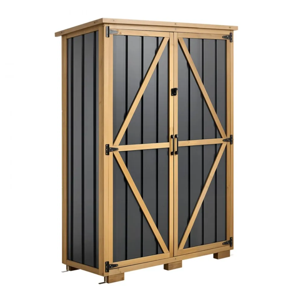 VEVOR Outdoor Storage Shed, 46.06" x 62.99" Wood & Metal Garden Tool Shed with Lockable Doors & Sloped Roof, Waterproof Outside Storage Cabinet with Shelves/Floor for Backyard Patio Lawn, Black/Brown