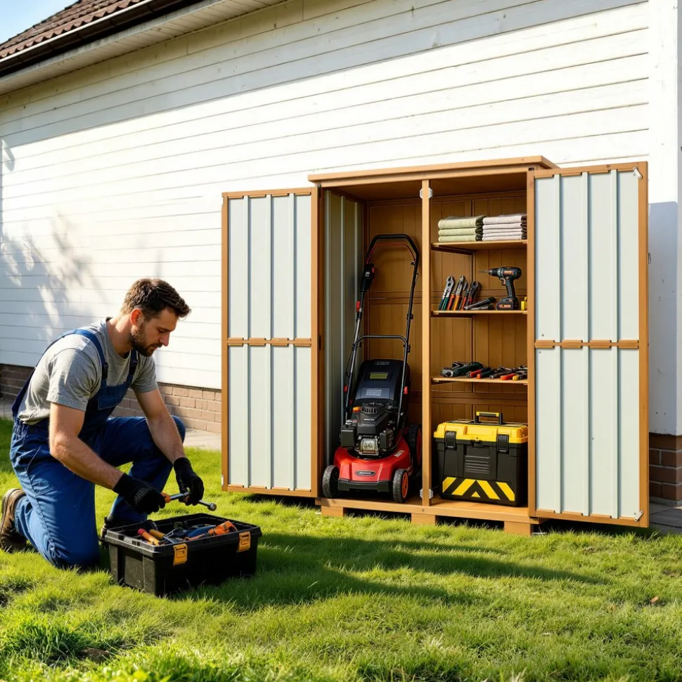 VEVOR Outdoor Storage Shed, 46.06" x 62.99" Wood & Metal Garden Tool Shed with Lockable Doors & Sloped Roof, Waterproof Outside Storage Cabinet with Shelves/Floor for Backyard Patio Lawn, Black/Brown