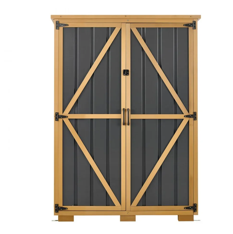 VEVOR Outdoor Storage Shed, 46.06" x 62.99" Wood & Metal Garden Tool Shed with Lockable Doors & Sloped Roof, Waterproof Outside Storage Cabinet with Shelves/Floor for Backyard Patio Lawn, Black/Brown