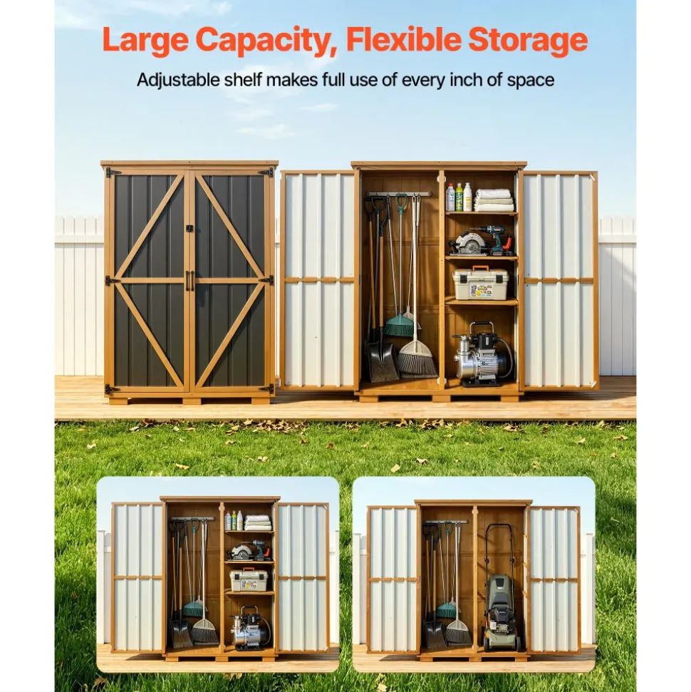 VEVOR Outdoor Storage Shed, 46.06" x 62.99" Wood & Metal Garden Tool Shed with Lockable Doors & Sloped Roof, Waterproof Outside Storage Cabinet with Shelves/Floor for Backyard Patio Lawn, Black/Brown