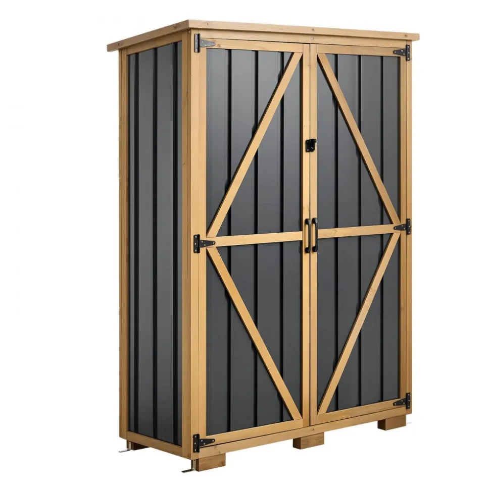 VEVOR Outdoor Storage Shed, 46.06" x 62.99" Wood & Metal Garden Tool Shed with Lockable Doors & Sloped Roof, Waterproof Outside Storage Cabinet with Shelves/Floor for Backyard Patio Lawn, Black/Brown