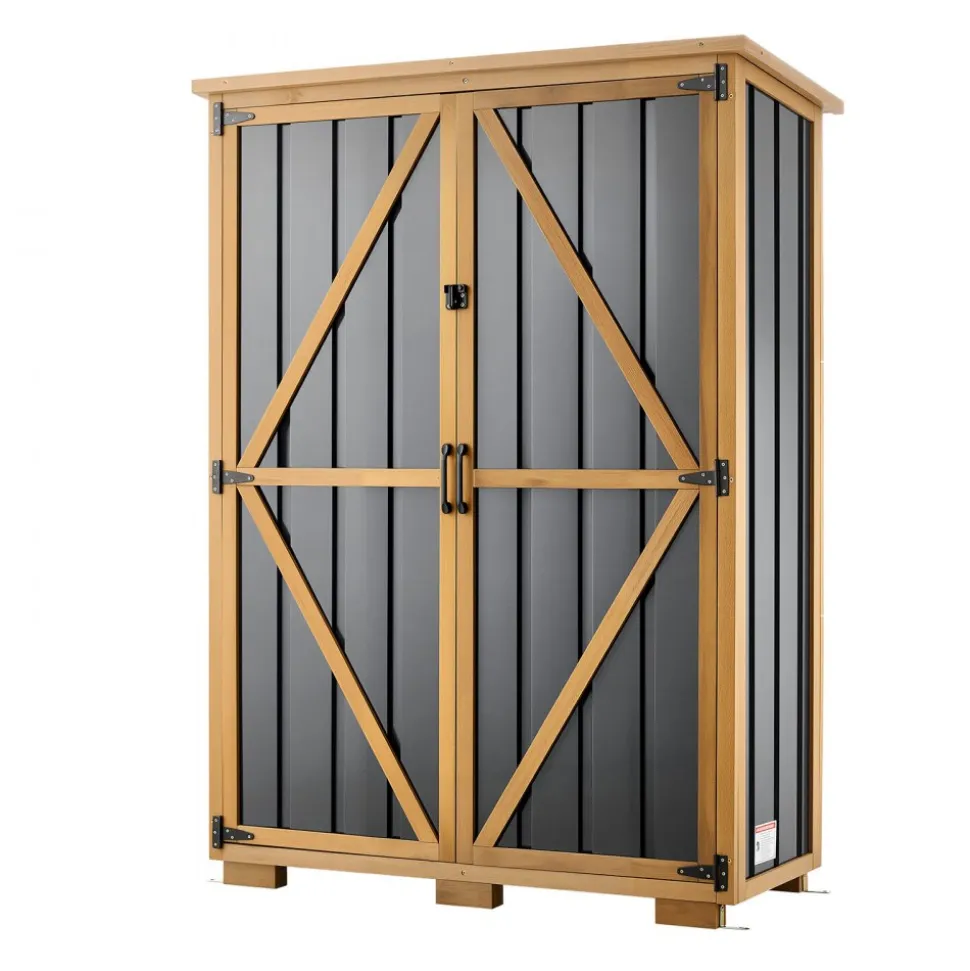 VEVOR Outdoor Storage Shed, 46.06" x 62.99" Wood & Metal Garden Tool Shed with Lockable Doors & Sloped Roof, Waterproof Outside Storage Cabinet with Shelves/Floor for Backyard Patio Lawn, Black/Brown