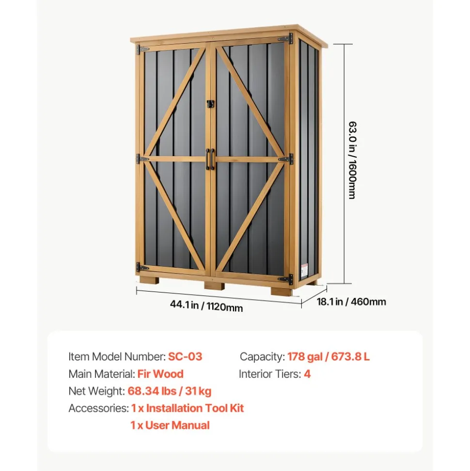 VEVOR Outdoor Storage Shed, 46.06" x 62.99" Wood & Metal Garden Tool Shed with Lockable Doors & Sloped Roof, Waterproof Outside Storage Cabinet with Shelves/Floor for Backyard Patio Lawn, Black/Brown