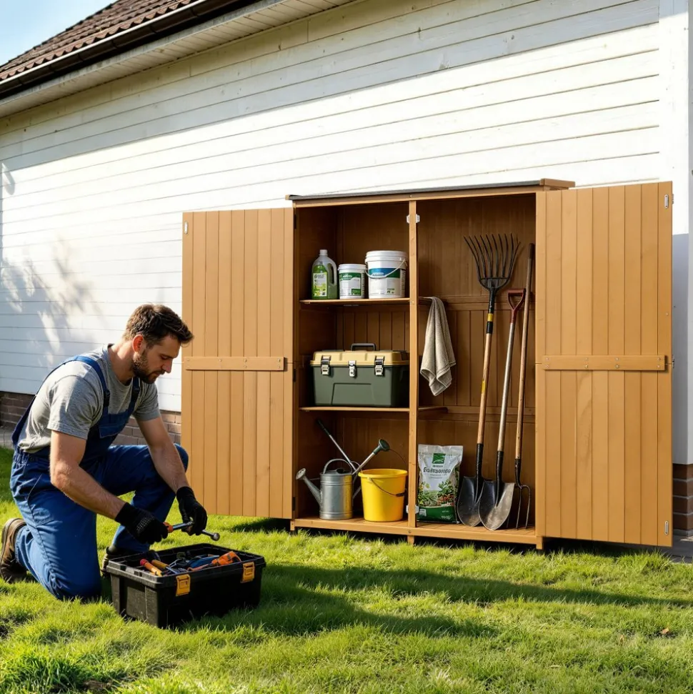 VEVOR Outdoor Storage Shed, 33.86" x 37.4" Wood & Metal Garden Tool Shed with Lockable Doors & Sloped Roof, Waterproof Outside Storage Cabinet with Shelf & Floor for Backyard Patio Lawn, Black/Brown