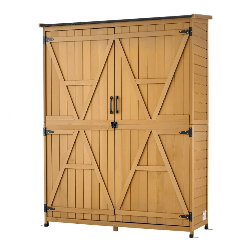 VEVOR Outdoor Storage Shed, 33.86" x 37.4" Wood & Metal Garden Tool Shed with Lockable Doors & Sloped Roof, Waterproof Outside Storage Cabinet with Shelf & Floor for Backyard Patio Lawn, Black/Brown