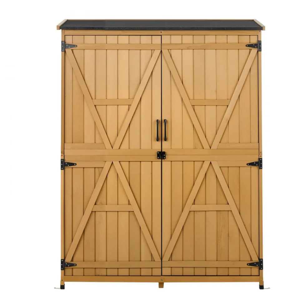 VEVOR Outdoor Storage Shed, 33.86" x 37.4" Wood & Metal Garden Tool Shed with Lockable Doors & Sloped Roof, Waterproof Outside Storage Cabinet with Shelf & Floor for Backyard Patio Lawn, Black/Brown