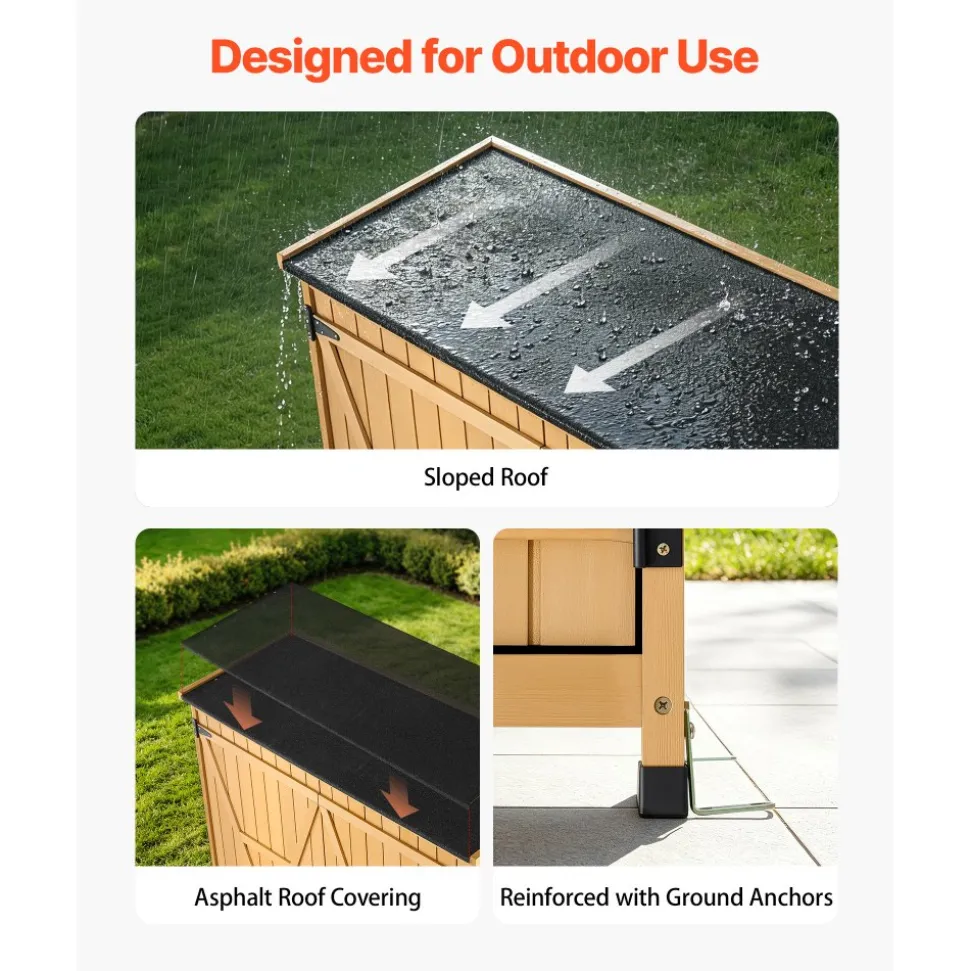 VEVOR Outdoor Storage Shed, 33.86" x 37.4" Wood & Metal Garden Tool Shed with Lockable Doors & Sloped Roof, Waterproof Outside Storage Cabinet with Shelf & Floor for Backyard Patio Lawn, Black/Brown