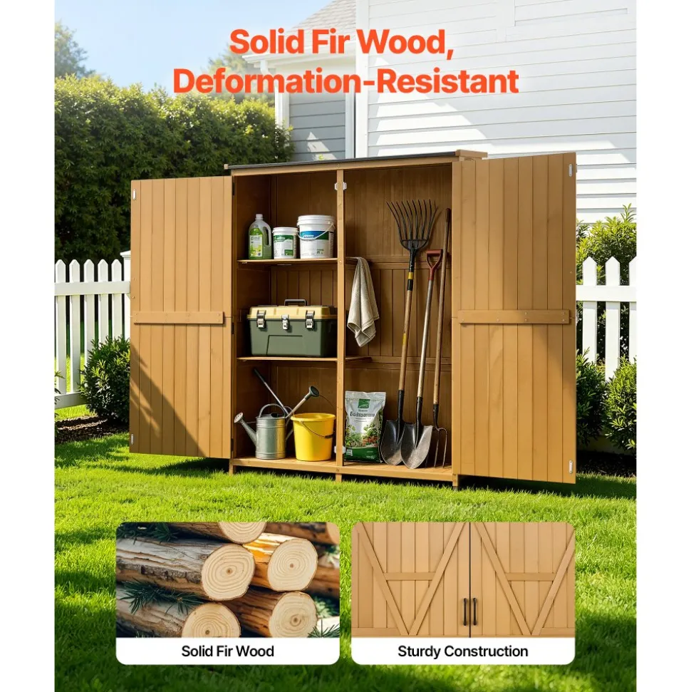VEVOR Outdoor Storage Shed, 33.86" x 37.4" Wood & Metal Garden Tool Shed with Lockable Doors & Sloped Roof, Waterproof Outside Storage Cabinet with Shelf & Floor for Backyard Patio Lawn, Black/Brown