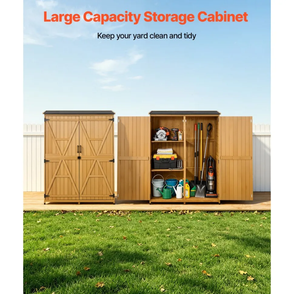 VEVOR Outdoor Storage Shed, 33.86" x 37.4" Wood & Metal Garden Tool Shed with Lockable Doors & Sloped Roof, Waterproof Outside Storage Cabinet with Shelf & Floor for Backyard Patio Lawn, Black/Brown