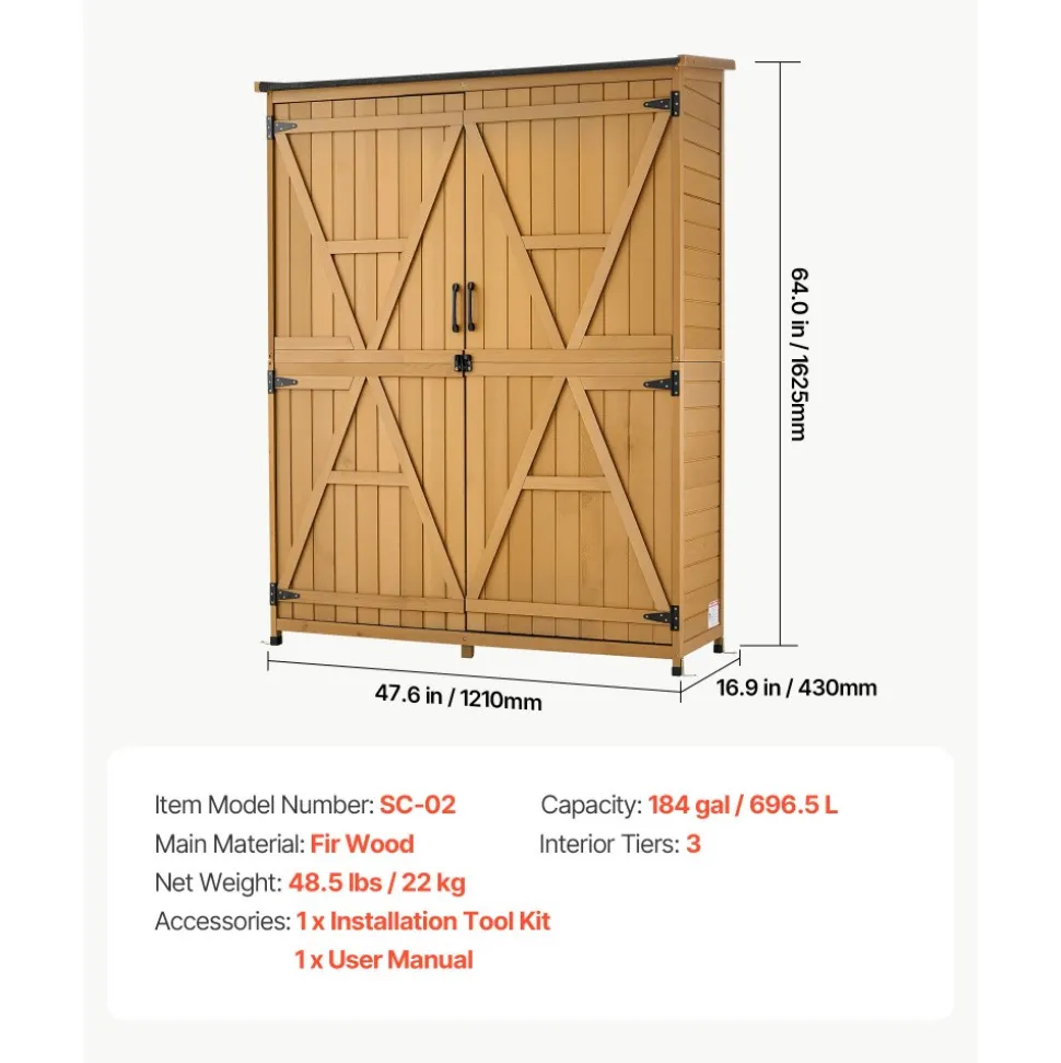 VEVOR Outdoor Storage Shed, 33.86" x 37.4" Wood & Metal Garden Tool Shed with Lockable Doors & Sloped Roof, Waterproof Outside Storage Cabinet with Shelf & Floor for Backyard Patio Lawn, Black/Brown