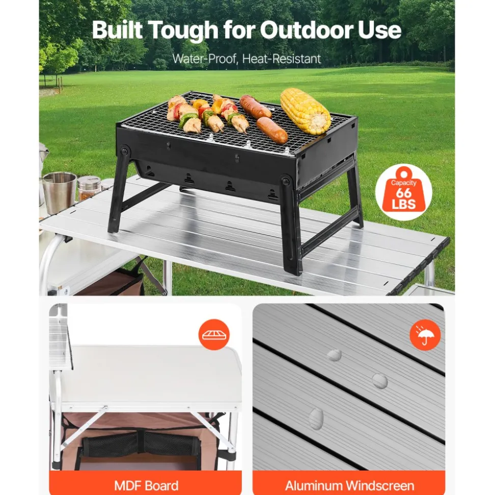 VEVOR Outdoor 2-Tier Kitchen with Zippered Bag, Portable Folding Cook Table for BBQ, Party and Camping, Brown
