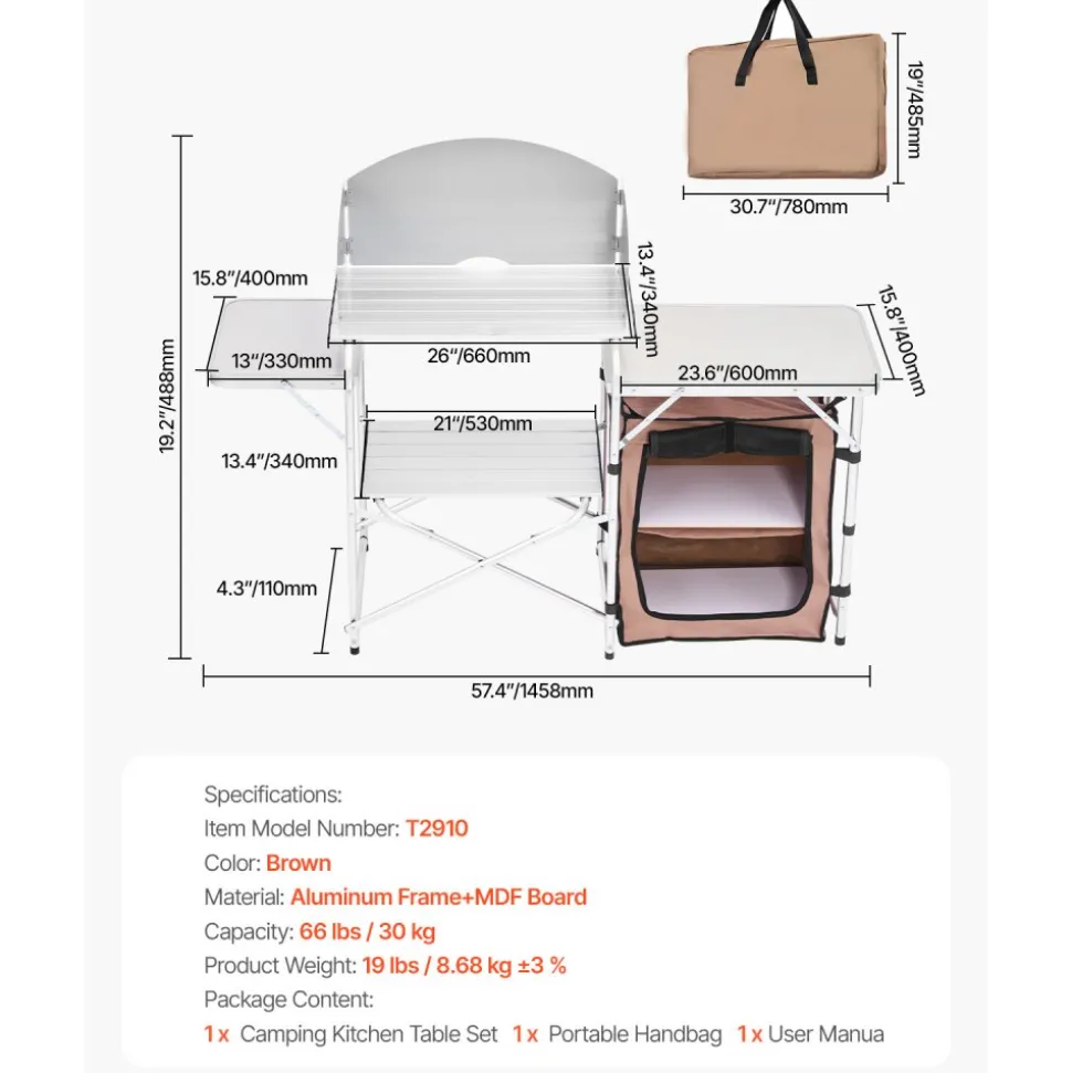 VEVOR Outdoor 2-Tier Kitchen with Zippered Bag, Portable Folding Cook Table for BBQ, Party and Camping, Brown
