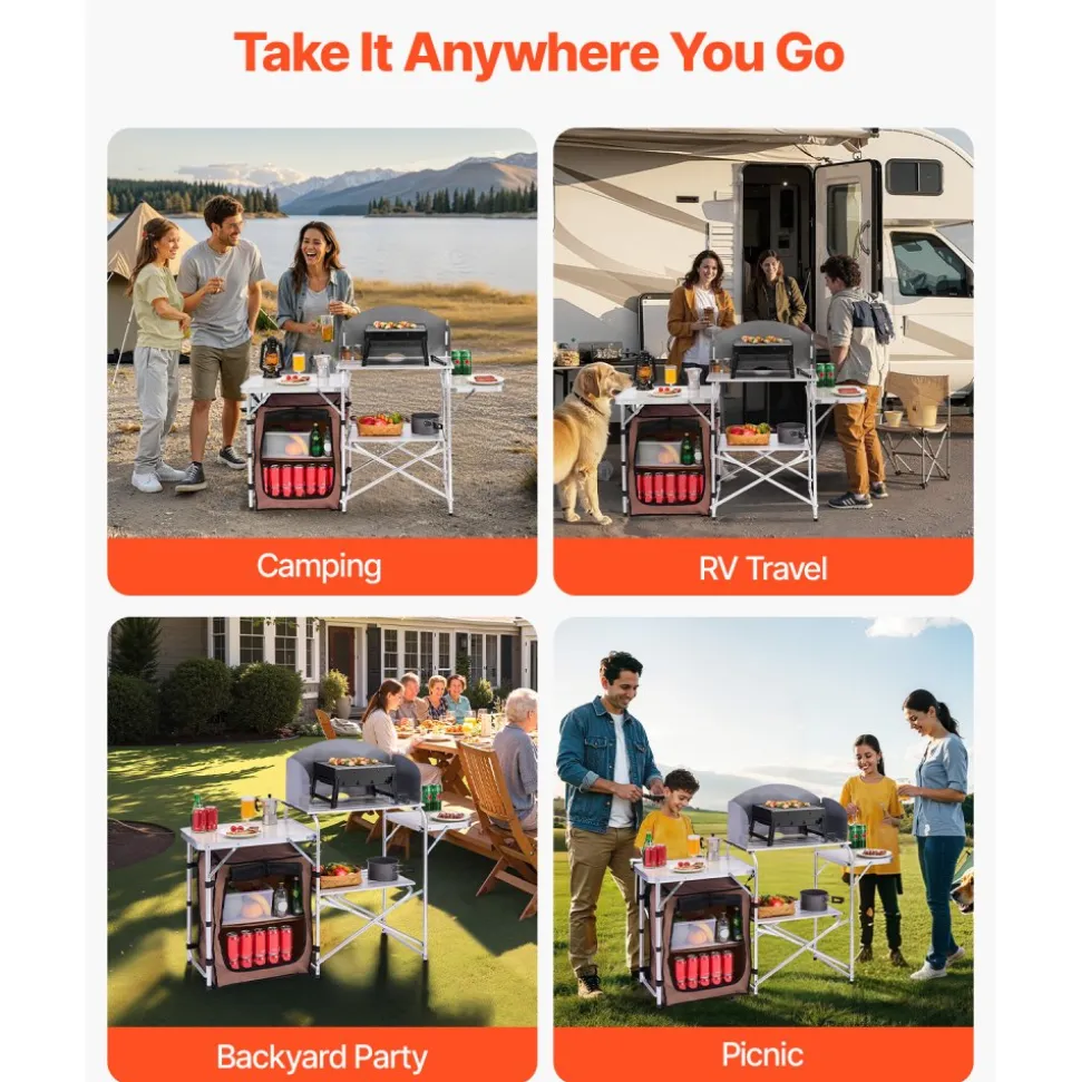 VEVOR Outdoor 2-Tier Kitchen with Zippered Bag, Portable Folding Cook Table for BBQ, Party and Camping, Brown