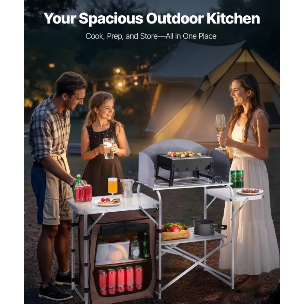 VEVOR Outdoor 2-Tier Kitchen with Zippered Bag, Portable Folding Cook Table for BBQ, Party and Camping, Brown