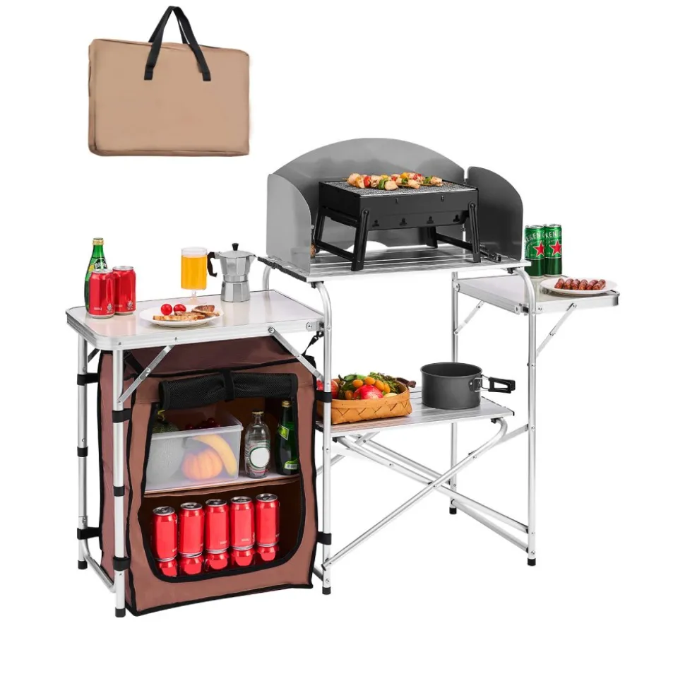VEVOR Outdoor 2-Tier Kitchen with Zippered Bag, Portable Folding Cook Table for BBQ, Party and Camping, Brown