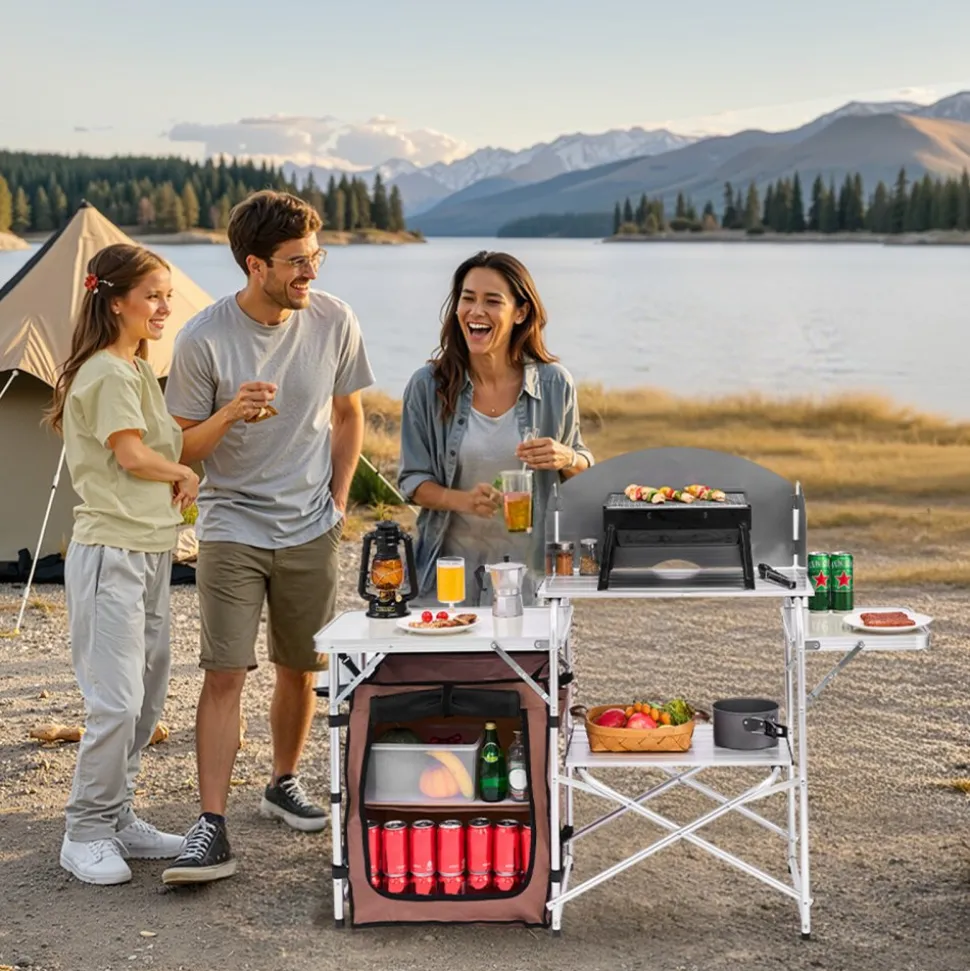 VEVOR Outdoor 2-Tier Kitchen with Zippered Bag, Portable Folding Cook Table for BBQ, Party and Camping, Brown