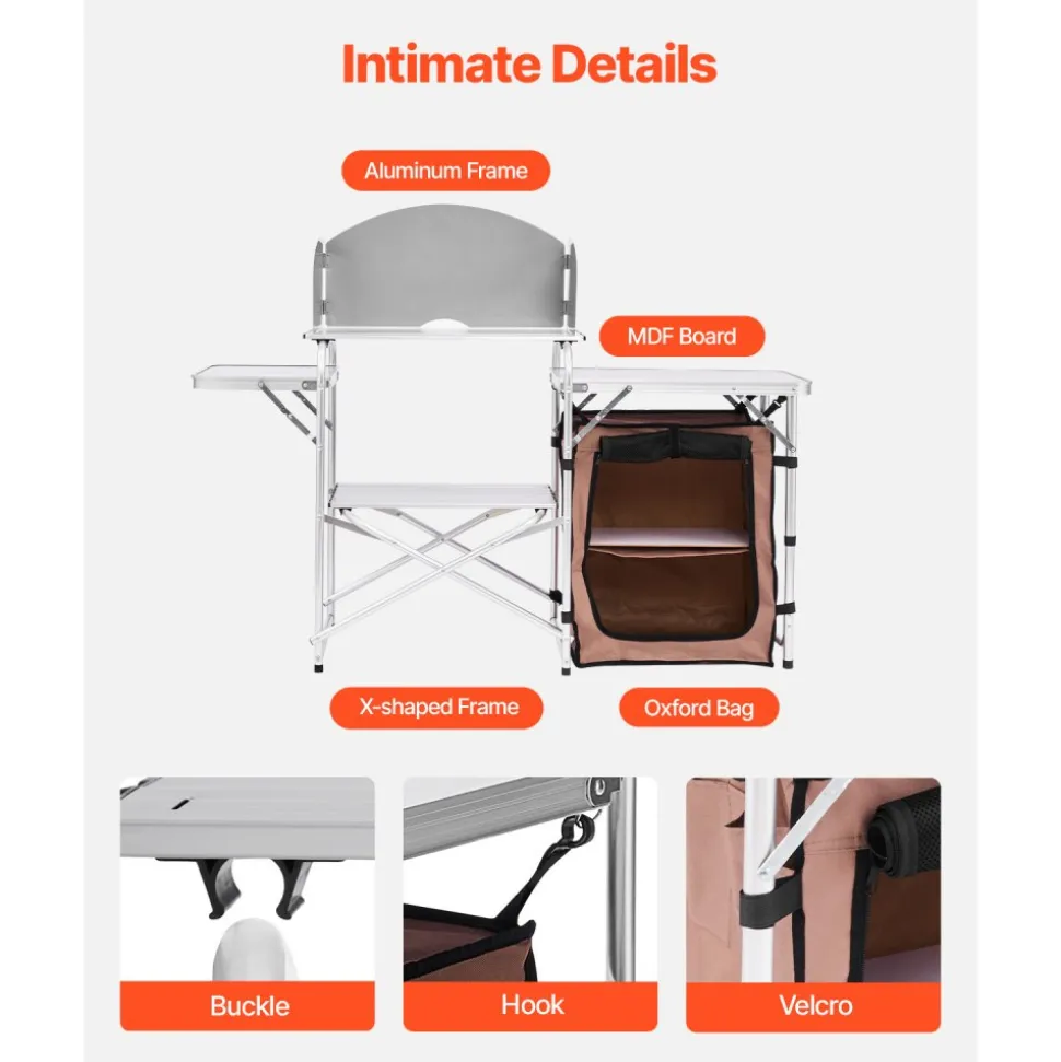 VEVOR Outdoor 2-Tier Kitchen with Zippered Bag, Portable Folding Cook Table for BBQ, Party and Camping, Brown