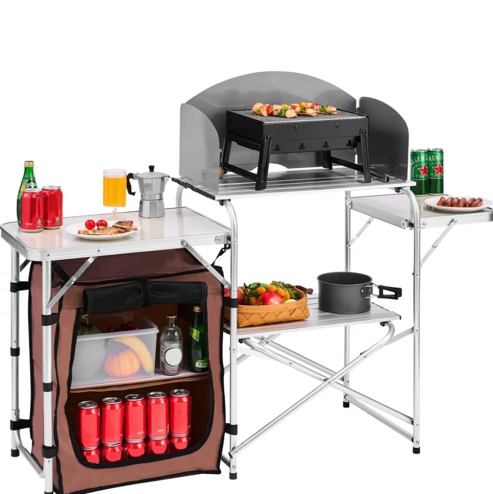 VEVOR Outdoor 2-Tier Kitchen with Zippered Bag, Portable Folding Cook Table for BBQ, Party and Camping, Brown