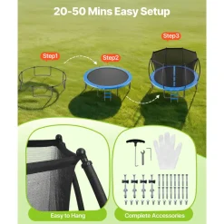 VEVOR Outdoor Trampoline, 12FT Round Recreational Trampoline with Enclosure Net, ASTM Approved, Heavy Duty Trampolines, Max 400 lbs Weight Capacity, Anti-Rust Backyard Trampolines for Kids & Adults
