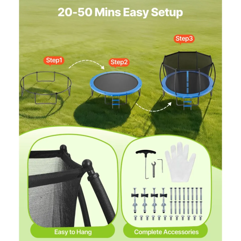 VEVOR Outdoor Trampoline, 12FT Round Recreational Trampoline with Enclosure Net, ASTM Approved, Heavy Duty Trampolines, Max 400 lbs Weight Capacity, Anti-Rust Backyard Trampolines for Kids & Adults