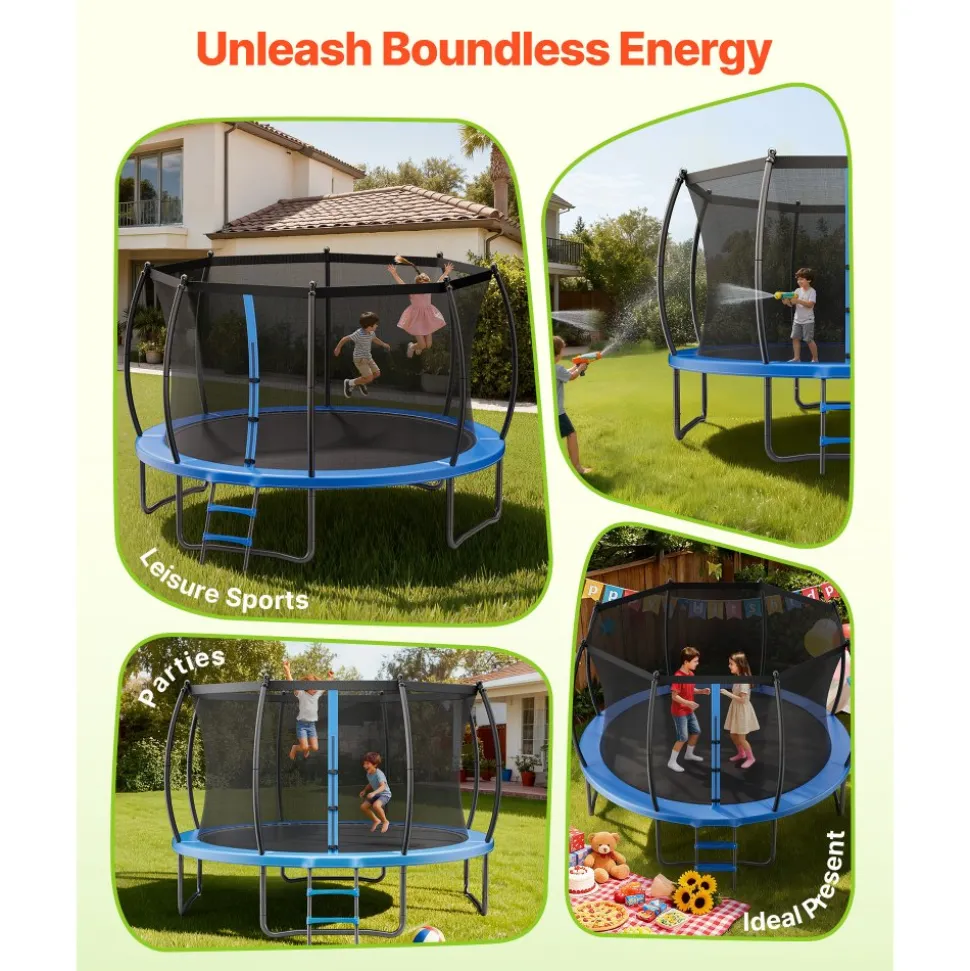 VEVOR Outdoor Trampoline, 12FT Round Recreational Trampoline with Enclosure Net, ASTM Approved, Heavy Duty Trampolines, Max 400 lbs Weight Capacity, Anti-Rust Backyard Trampolines for Kids & Adults