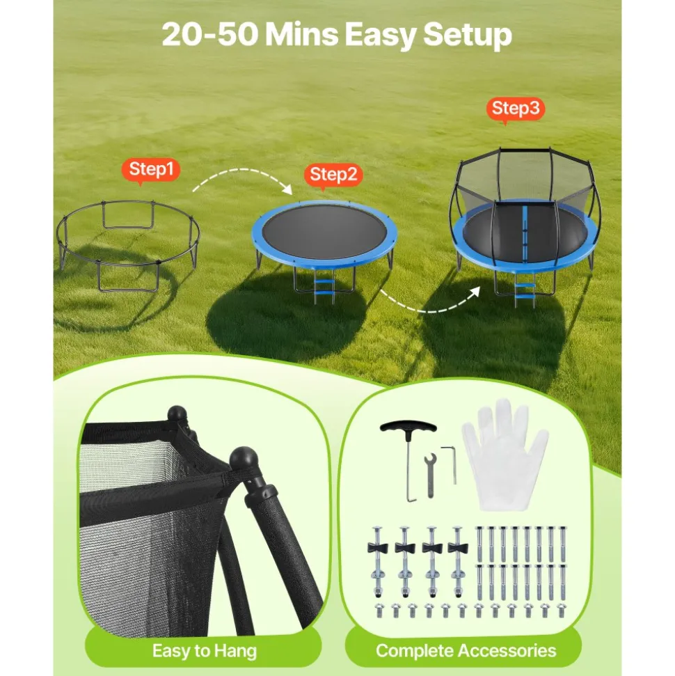 VEVOR Outdoor Trampoline, 14FT Round Recreational Trampoline with Enclosure Net, ASTM Approved, Heavy Duty Trampolines, Max 450 lbs Weight Capacity, Anti-Rust Backyard Trampolines for Kids & Adults
