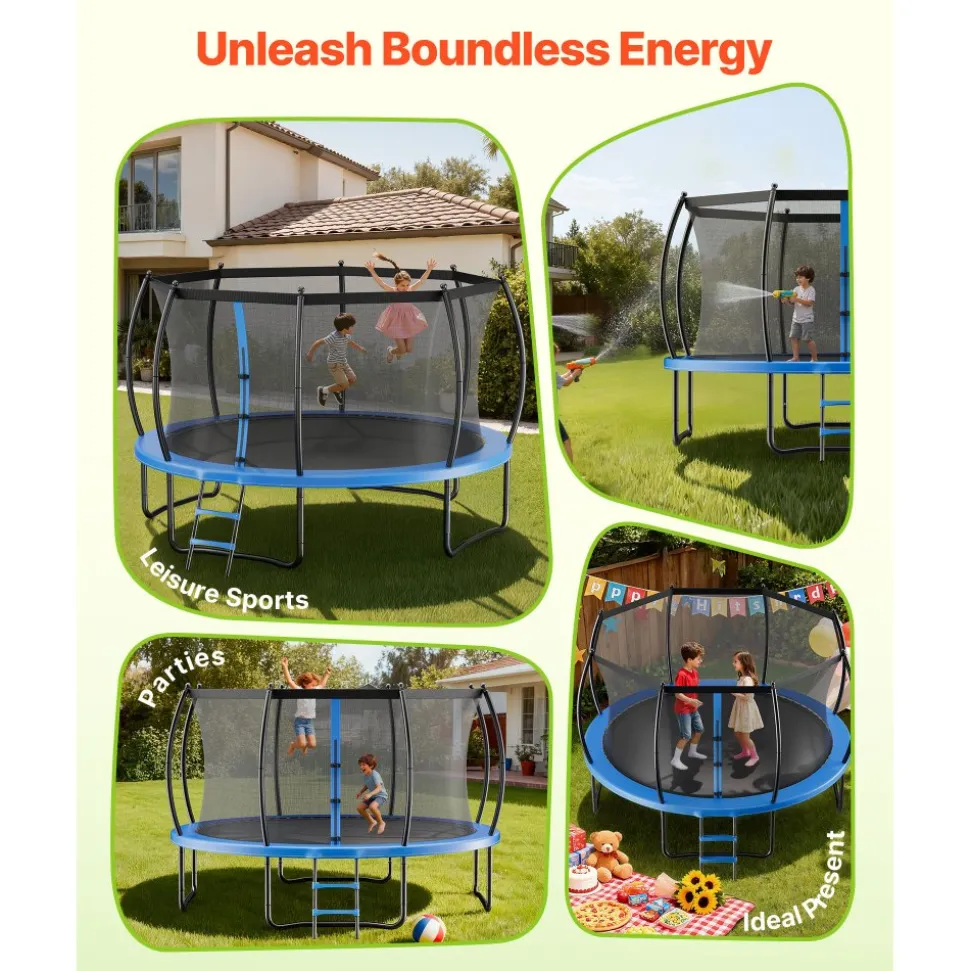 VEVOR Outdoor Trampoline, 14FT Round Recreational Trampoline with Enclosure Net, ASTM Approved, Heavy Duty Trampolines, Max 450 lbs Weight Capacity, Anti-Rust Backyard Trampolines for Kids & Adults