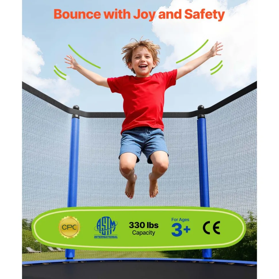 VEVOR Outdoor Trampoline, 8FT Round Recreational Trampoline with Enclosure Net, ASTM Approved, Heavy Duty Trampolines, Max 265 lbs Weight Capacity, Anti-Rust Backyard Trampolines for Kids & Adults