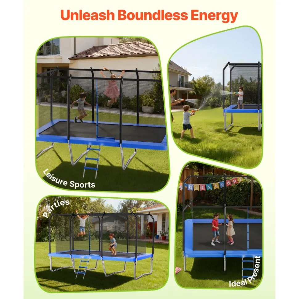 VEVOR Outdoor Trampoline, 8 x 14FT Rectangle Trampoline, ASTM Approved Recreational Trampolines with Enclosure Net, Max 265 lbs Weight Capacity, Anti-Rust Rectangular Trampolines for Kids & Adults