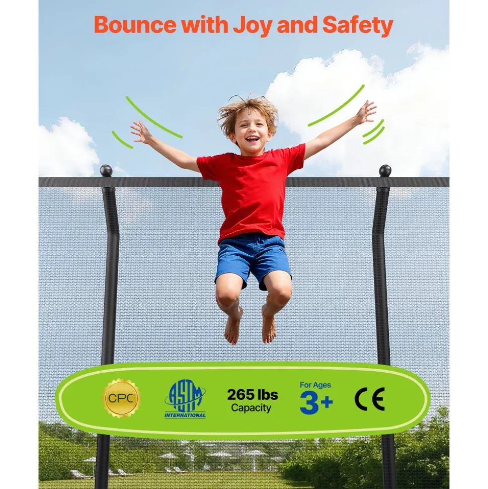 VEVOR Outdoor Trampoline, 8 x 14FT Rectangle Trampoline, ASTM Approved Recreational Trampolines with Enclosure Net, Max 265 lbs Weight Capacity, Anti-Rust Rectangular Trampolines for Kids & Adults