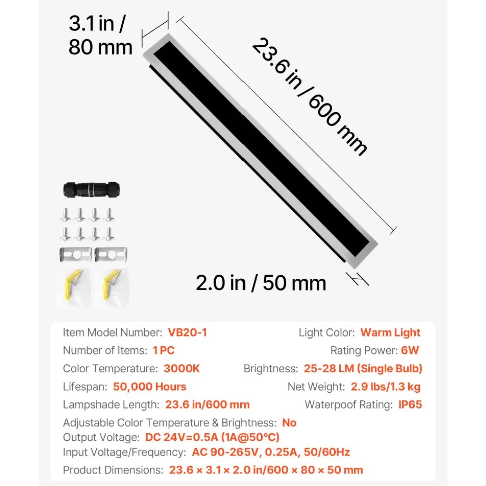 VEVOR Outdoor Wall Light, 23.6 Inch, Long Strip Modern Exterior Wall Sconce Light Fixtures, 3000K Warm White, IP65 Waterproof, Anti-Rust Outside Patio Wall Mount Lighting, for House, Porch, Garage