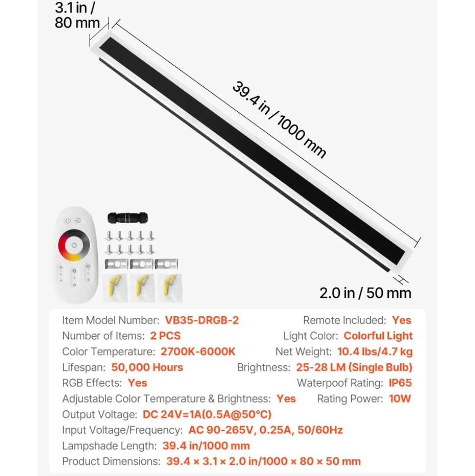VEVOR Outdoor Wall Lights, 2 Pack, 31.5 Inch Long Strip Modern Exterior Wall Sconce Light Fixtures, 3000K Warm White, IP65 Waterproof Anti-Rust Outside Wall Mount Lighting, for House, Porch, Garage