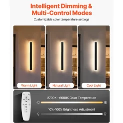 VEVOR Outdoor Wall Lights, 2 Pack, 23.6 Inch Long Strip Modern Exterior Wall Sconce Light Fixtures, 2700K-6000K, IP65 Waterproof Anti-Rust, Dimmable Outside Wall Mount Lighting, for House Porch Garage