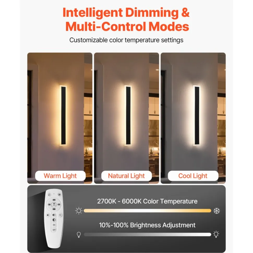 VEVOR Outdoor Wall Lights, 2 Pack, 23.6 Inch Long Strip Modern Exterior Wall Sconce Light Fixtures, 2700K-6000K, IP65 Waterproof Anti-Rust, Dimmable Outside Wall Mount Lighting, for House Porch Garage