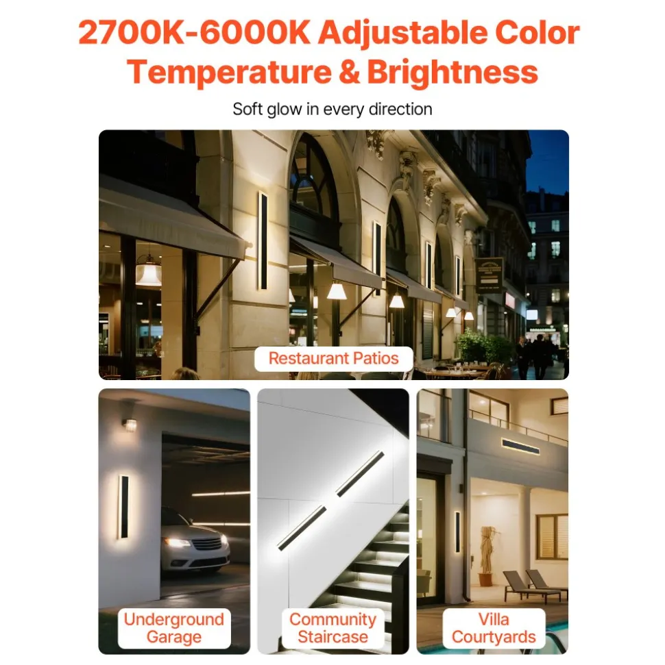 VEVOR Outdoor Wall Lights, 2 Pack, 23.6 Inch Long Strip Modern Exterior Wall Sconce Light Fixtures, 2700K-6000K, IP65 Waterproof Anti-Rust, Dimmable Outside Wall Mount Lighting, for House Porch Garage
