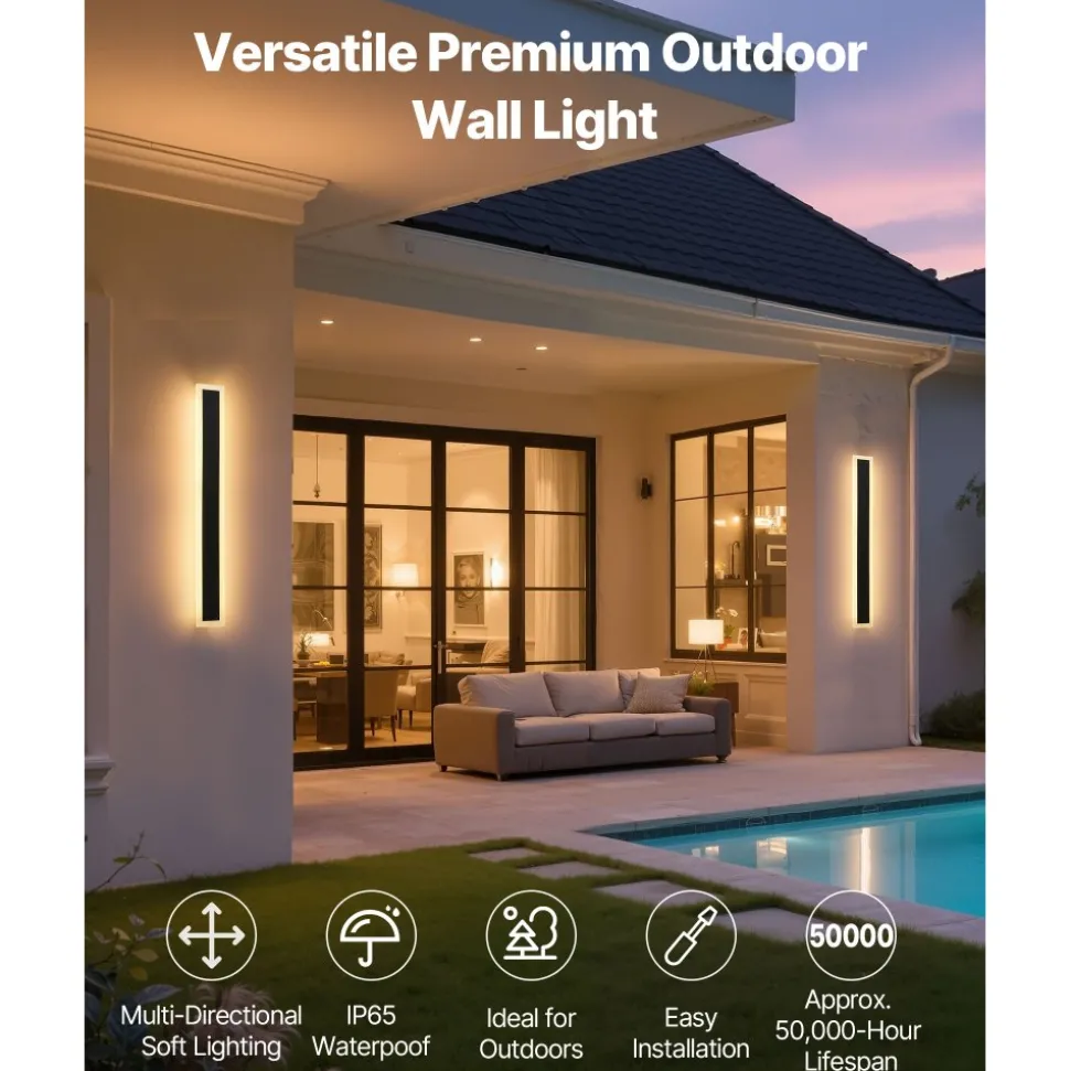 VEVOR Outdoor Wall Lights, 2 Pack, 23.6 Inch Long Strip Modern Exterior Wall Sconce Light Fixtures, 2700K-6000K, IP65 Waterproof Anti-Rust, Dimmable Outside Wall Mount Lighting, for House Porch Garage