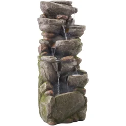 VEVOR Outdoor Water Fountain, 38.98 in Height Fountain and Waterfall, 7-Tier Floor Standing Rock-Shaped Cascading Fountains with LED Light and Pump, for Outdoor Indoor Garden, Home, Patio & Backyard