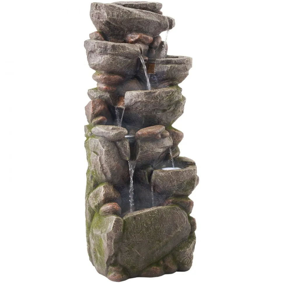 VEVOR Outdoor Water Fountain, 38.98 in Height Fountain and Waterfall, 7-Tier Floor Standing Rock-Shaped Cascading Fountains with LED Light and Pump, for Outdoor Indoor Garden, Home, Patio & Backyard