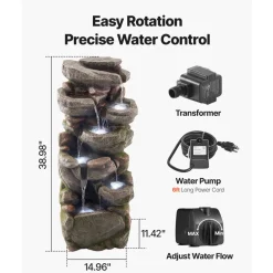 VEVOR Outdoor Water Fountain, 38.98 in Height Fountain and Waterfall, 7-Tier Floor Standing Rock-Shaped Cascading Fountains with LED Light and Pump, for Outdoor Indoor Garden, Home, Patio & Backyard