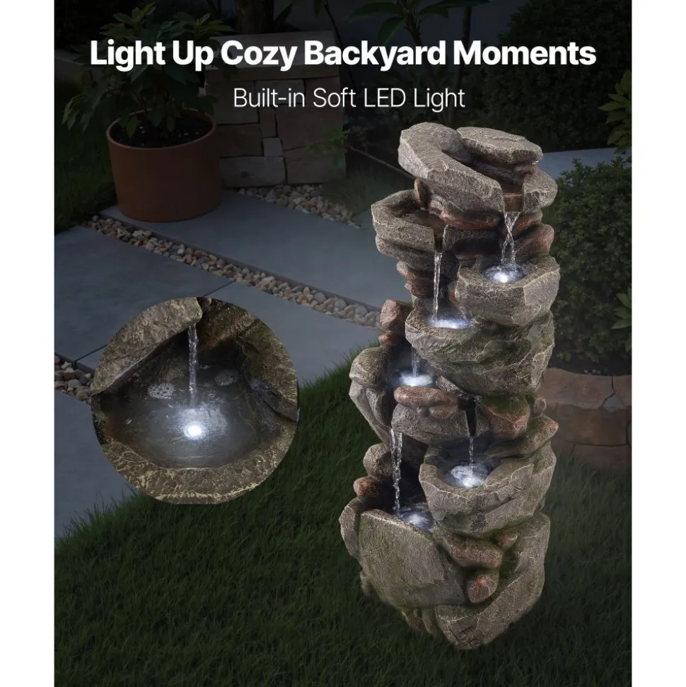 VEVOR Outdoor Water Fountain, 38.98 in Height Fountain and Waterfall, 7-Tier Floor Standing Rock-Shaped Cascading Fountains with LED Light and Pump, for Outdoor Indoor Garden, Home, Patio & Backyard