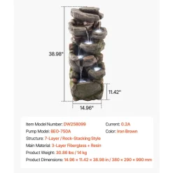 VEVOR Outdoor Water Fountain, 38.98 in Height Fountain and Waterfall, 7-Tier Floor Standing Rock-Shaped Cascading Fountains with LED Light and Pump, for Outdoor Indoor Garden, Home, Patio & Backyard