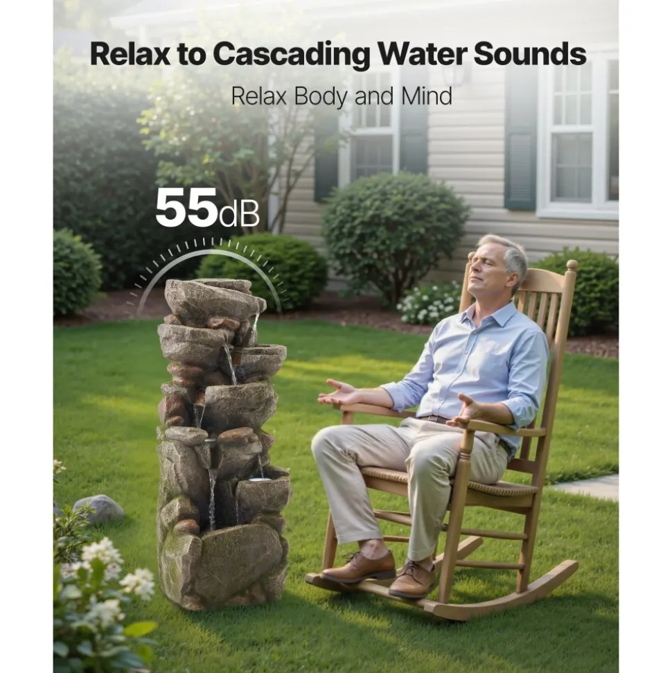 VEVOR Outdoor Water Fountain, 38.98 in Height Fountain and Waterfall, 7-Tier Floor Standing Rock-Shaped Cascading Fountains with LED Light and Pump, for Outdoor Indoor Garden, Home, Patio & Backyard